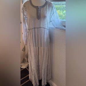 Elegant White & Gray Hand Embroidered Maxi Dress size 34